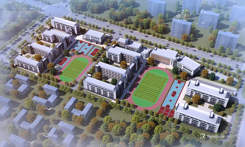 Modern School Campus With Multiple Buildings Sports Fields And Green Areas 3d model 