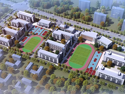 Modern School Campus With Multiple Buildings Sports Fields And Green Areas 3d model