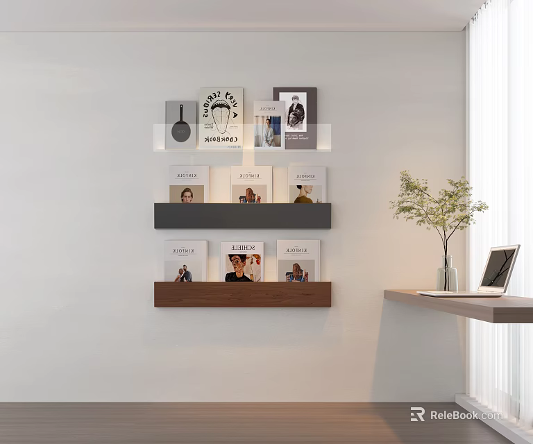 Wall Mounted Shelves With Various Books Magazines In Modern Interior 3d model