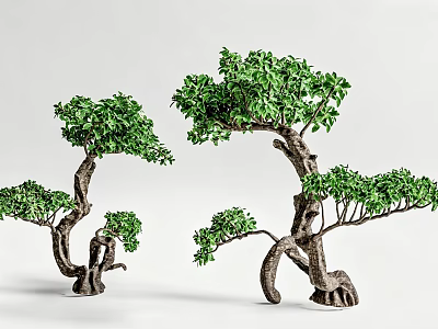 Yard Garden Design With Unique Curved Trunk Trees And Lush Green Foliage 3d model