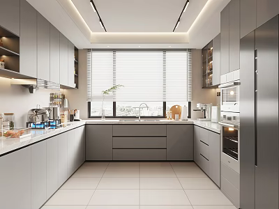 Modern Minimalist Kitchen Interior With Grey Cabinets White Countertops Window Blinds And Appliances 3d model