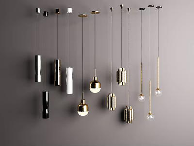 Modern Pendant Lights Various Designs Gold Black White Cylindrical Spherical Shapes Hanging On Grey Background 3d model