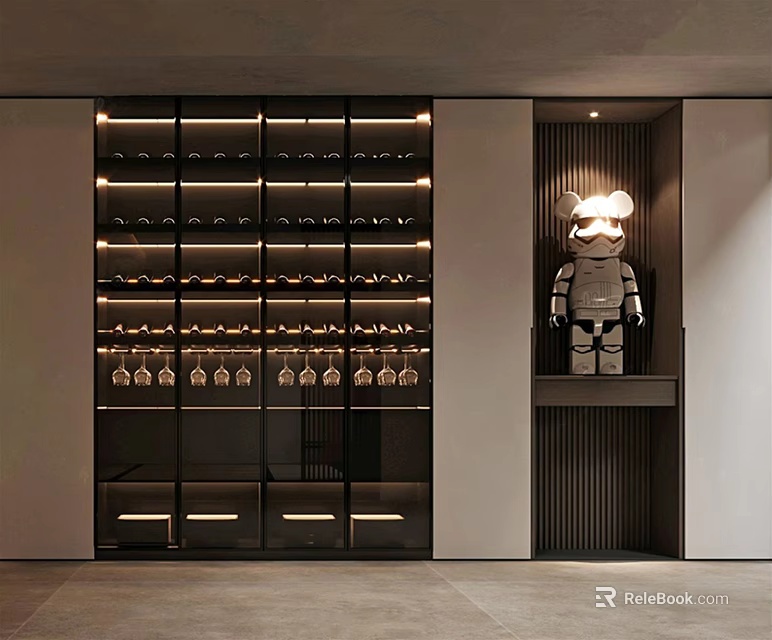 Elegant Modern Wine Cabinet Interior With LED Lighting And Glass Shelf Storage Design 3d model 