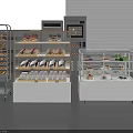 Bakery Glass Display Cases With Pastries Ovens And White Tiled Wall Setup