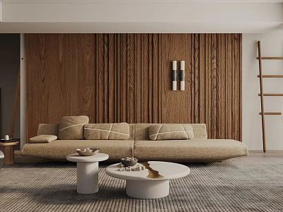 Modern Living Room Interior With Wooden Wall Beige Sofa White Coffee Tables And Neutral Rug 3d model