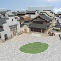 Ancient Architecture Complex Featuring Traditional Roofs Circular Lawn And Stone Paved Square 3d model