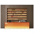 Modern Commercial Equipment with Wooden Wine Racks Various Bottles Wine Glasses and Orange Counter