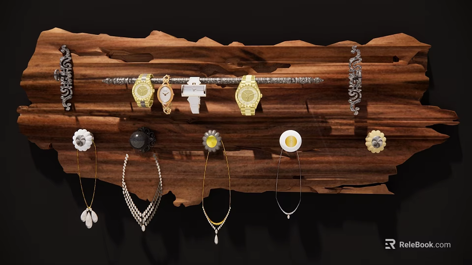Stylish Jewelry Collection Displayed On Wooden Rack With Watches Bracelets Necklaces And Brooches 3d model 