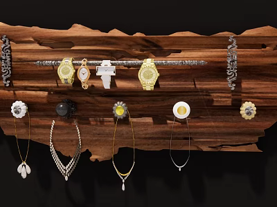 Stylish Jewelry Collection Displayed On Wooden Rack With Watches Bracelets Necklaces And Brooches 3d model