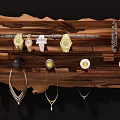 Stylish Jewelry Collection Displayed On Wooden Rack With Watches Bracelets Necklaces And Brooches