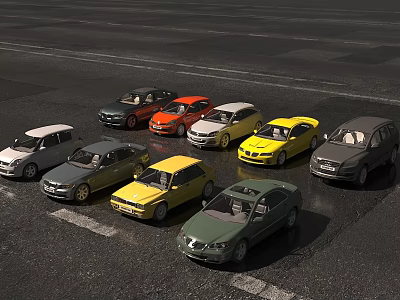 Multiple Cars With Different Colors And Various Models Parked In Parking Lot On Asphalt Ground 3d model