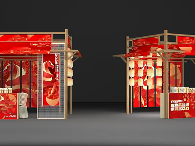 Traditional Chinese Stalls With Red Decorations Wooden Frames Lanterns And Display Cabinets 3d model