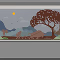 Artistic Paper Cut Style Background Wall with Sun Mountains Tree Bullock Cart Birds and Clouds
