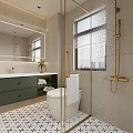 Elegant Bathroom Interior With Large Mirror Green Vanity Cabinet Gold Fixtures And Frosted Glass Window