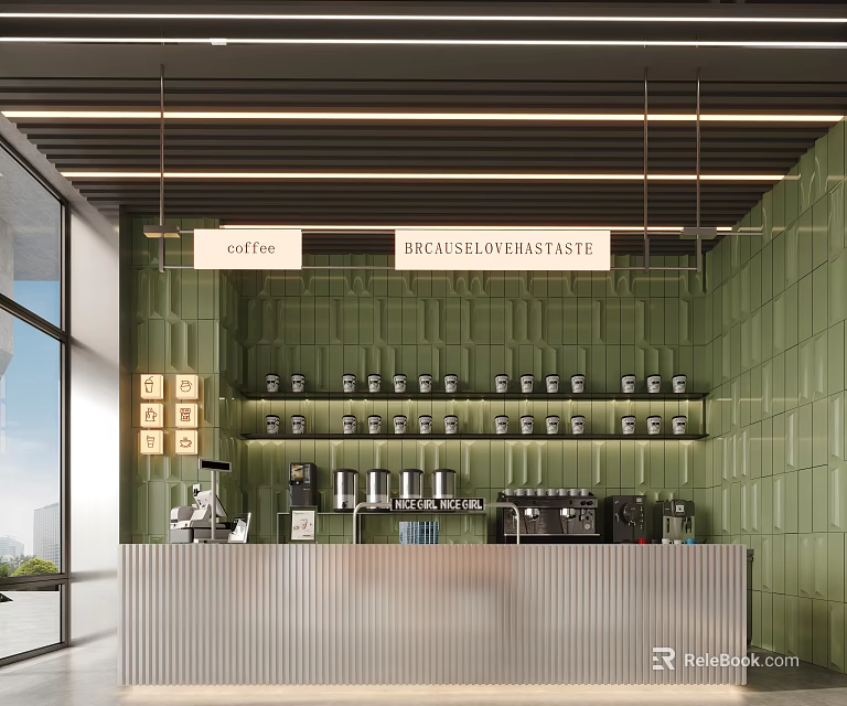 Café Interior With Green Tiled Walls Hanging Coffee Roast Development Lab Signs Counter Coffee Machines 3d model 