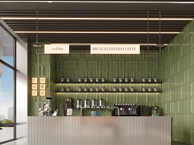 Café Interior With Green Tiled Walls Hanging Coffee Roast Development Lab Signs Counter Coffee Machines 3d model
