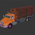 Orange Truck Transporting Fresh Wood Logs Loaded With Bundled Timber On Trailer