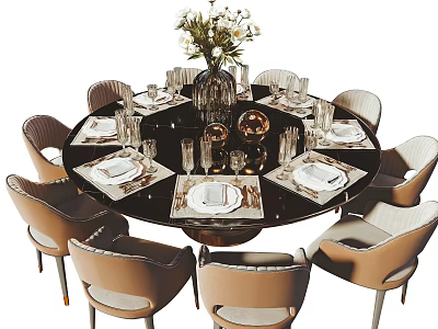 Elegant Dining Table Set With Round Black Tabletop Beige Chairs Flower Vase And Golden Decor 3d model