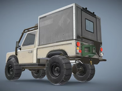 Beige Off-Road Vehicle With Large Off-Road Tires Rear Camping Module Roof Rack And Rear Window 3d model