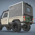 Beige Off-Road Vehicle With Large Off-Road Tires Rear Camping Module Roof Rack And Rear Window