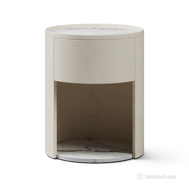 Modern Round Bedside Table With Beige Leather Finish Marble Top And Lower Shelf 3d model 