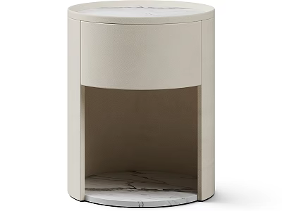 Modern Round Bedside Table With Beige Leather Finish Marble Top And Lower Shelf 3d model