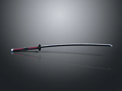 Traditional Japanese Samurai Sword With Black Red Sheath And Polished Steel Blade 3d model