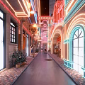 Vibrant Neon Lit Urban Building Area With Escalator Stairs And People Walking