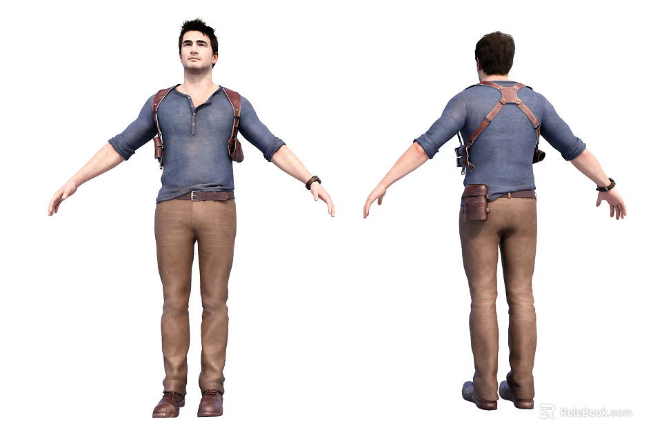 Male Figure In Blue Top Brown Pants With Straps Wrist Accessory And Outstretched Arms 3d model 