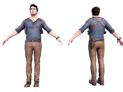 Male Figure In Blue Top Brown Pants With Straps Wrist Accessory And Outstretched Arms 3d model