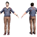 Male Figure In Blue Top Brown Pants With Straps Wrist Accessory And Outstretched Arms