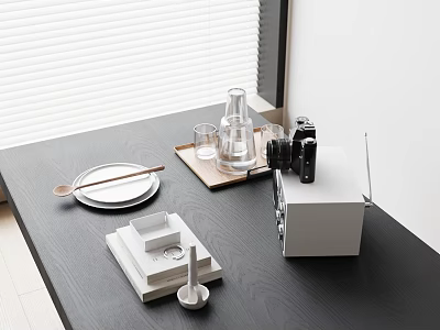 Stylish Decorative Ornaments Set With White Plate Wooden Spoon Glassware Camera And Books On Dark Table 3d model
