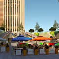 Vibrant Commercial Street Entrance with Tall Buildings Colorful Decorations Palm Trees and Vans