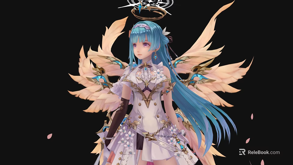 Elegant Fantasy Game Movie Character With Blue Long Hair White Outfit And Wings 3d model 