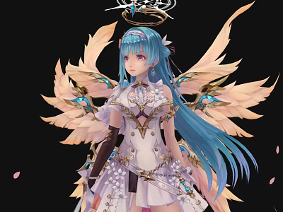 Elegant Fantasy Game Movie Character With Blue Long Hair White Outfit And Wings 3d model