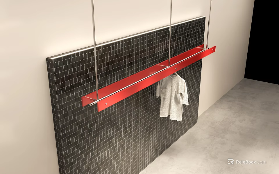 Modern Clothing Store Display With Red Metal Hanger Gray T-shirt And Dark Mosaic Wall 3d model 