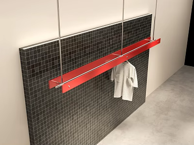 Modern Clothing Store Display With Red Metal Hanger Gray T-shirt And Dark Mosaic Wall 3d model