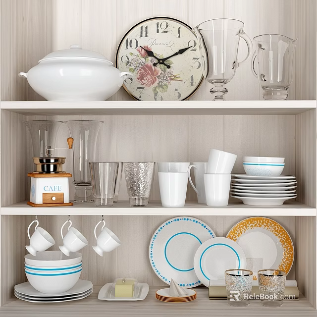 Stylish Tableware Set With White Covered Bowl Glasses Coffee Grinder And Colorful Plates 3d model 