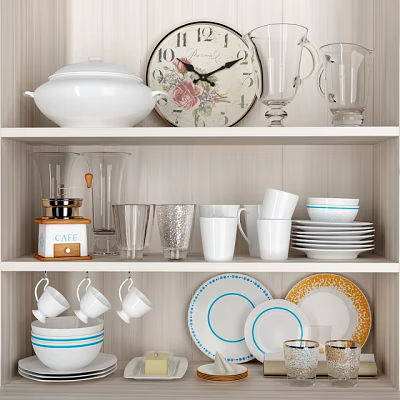 Stylish Tableware Set With White Covered Bowl Glasses Coffee Grinder And Colorful Plates 3d model