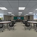 Modern Classroom Interior With White Ceiling Lights Green Blackboard White Tables And Black Rolling Chairs