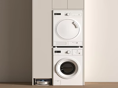 Modern Stackable Washing Machine And Dryer In White Built In Cabinet Design 3d model