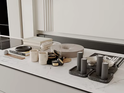 Modern Kitchen Countertop Featuring Candles Books Trays And Decorative Items On White Surface 3d model