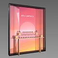 Shu Uemura Cosmetic Display Window With Gradient Sunset Background And Product Shelves