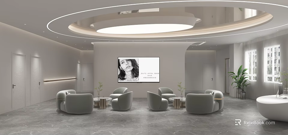 Modern Hotel Public Lounge Area With Comfortable Sofas Round Ceiling Light And Large Screen 3d model 