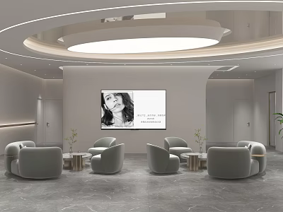 Modern Hotel Public Lounge Area With Comfortable Sofas Round Ceiling Light And Large Screen 3d model