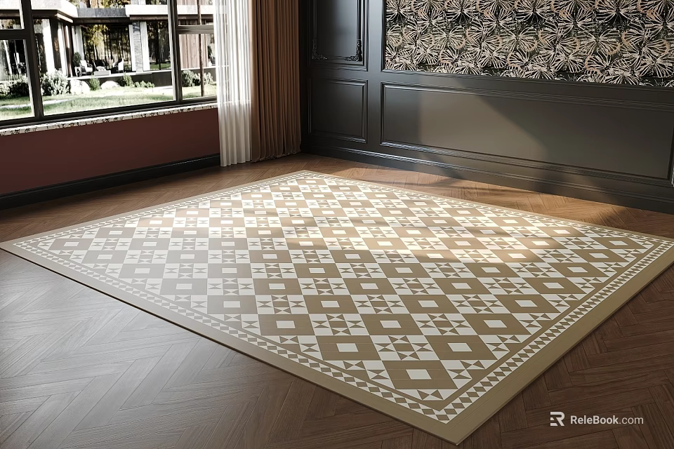 Square Beige And White Geometric Pattern Rug In Interior Room With Wooden Floor And Natural Light 3d model 