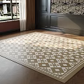 Square Beige And White Geometric Pattern Rug In Interior Room With Wooden Floor And Natural Light