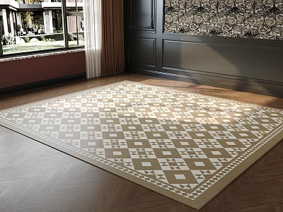 Square Beige And White Geometric Pattern Rug In Interior Room With Wooden Floor And Natural Light 3d model