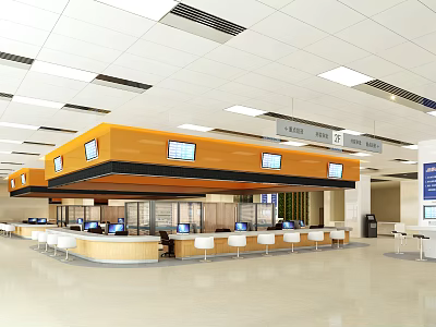Efficient Modern Service Hall With Service Counters Digital Screens And Waiting Seats 3d model