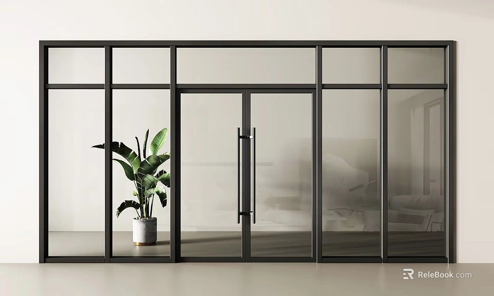 Modern Glass Entrance Door With Black Frame Surrounding Glass Panels And Potted Plant 3d model 
